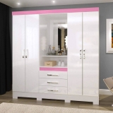 Guarda Roupa Solteiro com Espelho 4 Portas 3 Gavetas BHappy Espresso Móveis Branco/Branco Rosa