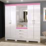 Guarda Roupa Solteiro com Espelho 4 Portas 3 Gavetas BHappy Espresso Móveis Branco/Branco Rosa