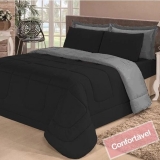 Kit Jogo de Cama Casal Queen + Cobre Leito 06 pçs Aconchego Dupla Face Preto Cinza Cotex