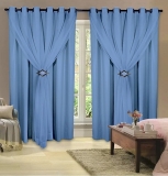 Cortina 100% Corta Luz Com Forro Blackout PVC Com Voil 2,00M X 2,50M Azul Para Varão Simples