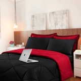 Kit 6 Pçs com Edredom e Lençol Aconchego Casa Dona Dupla Face Casal Queen Preto e Vermelho