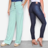 Calça Jeans Ecxo Skinny Feminina ou Calça Pantalona Cambos Com Bolsos E Botões Cintura Alta Feminina