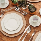 Serviço de Jantar e Chá em Porcelana, 20 Peças, Modelo Octogonal Prisma, Branco, Porcelana Schmidt