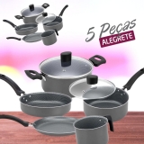 Conjunto de Panelas 5 Peças Alegrete Basic em Alumínio com Revestimento Antiaderente e Tampa de Vidro com Saída de Vapor – Cinza