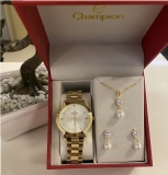 Relógio Feminino Champion, Kit com colar e brincos, linha Elegance dourado