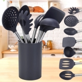 Conjunto de Utensílios de Silicone Cinza 7 Peças com Suporte Cabo em Inox – Casual Home