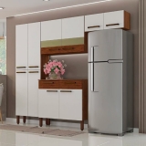 Armário de Cozinha Completa Nala 4 Peças 10 Portas 2 Gavetas Ripado / Nogueira / Off White