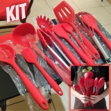 Kit 10 Peças Jogo De Utensílios De Silicone Maciço Cozinha Inox Pegador Espátula Colher Concha Pincel (Preto ou Vermelho)