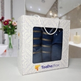 Jogo de Toalha 3 Peças Banho + Rosto + Tapete P/Banheiro Antiderrapante 100% Algodão + Caixa Personalizada Presente – Azul Escuro