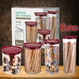 Conjunto com 4 Potes de Vidro transparente Slim com tampa plástica, VDR6989-4, Euro Home