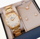 Relógio Champion Feminino Dourado Analógico Prova D´agua + Kit Colar e Brincos