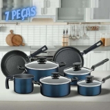 Conjunto de Panelas 7 Peças Tramontina Bergamo com Revestimento Antiaderente Starflon T1, Tampas de Vidro Temperado e Cabos de Baquelite – Azul