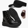 Bota Coturno Feminina Tratorada Tendência Blogueiras + Relógio + Boné Viseira