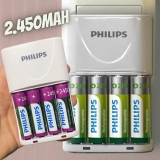 Carregador Philips de pilha recarregável AA e AAA inclui 4 pilhas AA 2.450mAh