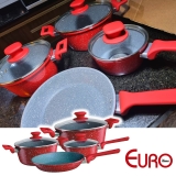 Conjunto de panelas ColorStone 4 peças de alumínio com antiaderente e tampa de vidro, Volcano, Euro Home