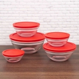 Conjunto de Potes de Vidro Redondos com Tampa Plástica 5 Peças Euro Vermelho