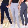 Kit 3 Calças Moletom Femininas Algodão com Bolsos Sport