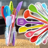 JG Kit 10 Peças Jogo De Utensílios De Silicone Maciço Cozinha Inox Pegador Espátula Colher Concha Pincel (Colorido)