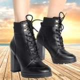 Bota Coturno Cano Curto Vizzano knit Salto Alto Grosso Feminina