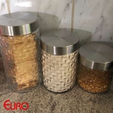 Conjunto de Potes de Vidro com Tampa Inox Rattan 3 Peças Euro Transparente