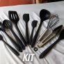 JG STORE Kit 10 Peças Jogo De Utensílios De Silicone Maciço Cozinha Inox Pegador Espátula Colher Concha Pincel (Preto)