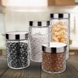 Conjunto de Potes de Vidro com Tampa Inox Rattan 4 Peças, VDR2140-4, Euro Home