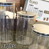 Conjunto com 3 Potes de Vidro transparente Slim com tampa Inox, Euro Home