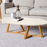 Mesa de Centro Sala Classic Oval com Pés em Madeira Maciça Off White/Amendoa