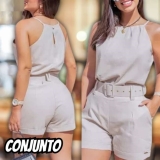 Conjunto Feminino Blusa + Shorts + Cinto Tecido Linho