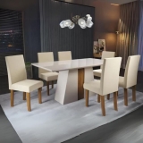 Mesa de Jantar 6 Cadeiras Retangular Off White Imbuia e Pastel Tampo de MDF