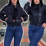 Jaqueta Puffer Couro Feminina Gola Alta Com Ziper Botões