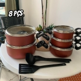 Jogo de Caçarolas 05 Peças Rosé com Tampa de Vidro e Utensílios