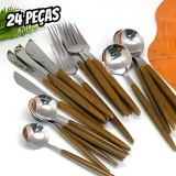 Faqueiro 24 Peças Cabo Em Estampa De Madeira Organic Lyor