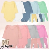 Kit 10 Peças Body Bebê Manga Longa e Calça Canelado