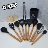 Kit C/12 Utensílios De Cozinha Silicone Cabo Madeira