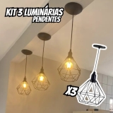Kit 3 Pendentes Diamante Aramado Preto Industrial