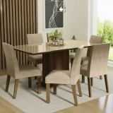 Sala de Jantar Estofada Mesa Tampo Vidro 6 Cadeiras