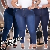 Kit 3 Calça Jeans Plus Size Cintura Alta Com Lycra Skinny