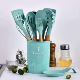 Jogo Kit Com 12 Peças Utensílios De Cozinha Colheres Espatulas Pegador Silicone Copo Suporte