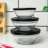 Conjunto com 3 Potes de Vidro Redondos com Tampa Plástica preta