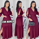 Vestido Longo Babado Fenda Manga 3/4 Evangélico Elegante