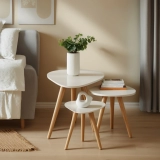 Kit Trio Jogo de Mesinhas Lateral Sala Pé Palito Retro Tampo Orgânico