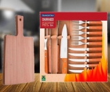 Conjunto de Talheres Para Churrasco Inox 15 Peças Pampa + Tabua De Madeira Eucalipto Retangular Tramontina